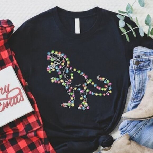 Gildan Other - Christmas Dinosaur Light Shirt, T-rex Christmas Shirt, Boys Christmas Shirt